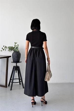 Neşeli butik kadın siyah gömlek yaka kemerli midi boy rahat kesim yazlık elbise NBG135