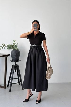 Neşeli butik kadın siyah gömlek yaka kemerli midi boy rahat kesim yazlık elbise NBG135