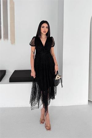 Neşeli butik kadın siyah asimetrik kesim flok baskılı midi boy elbise NBK078