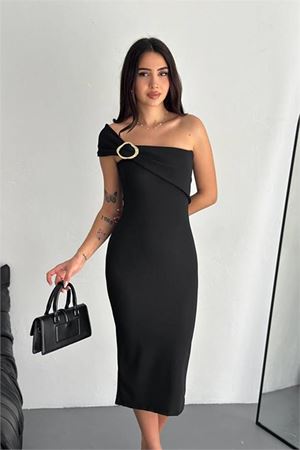 Neşeli butik kadın likralı omuz detaylı midi boy elbise NBK4196