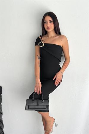 Neşeli butik kadın likralı omuz detaylı midi boy elbise NBK4196
