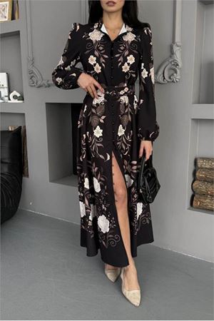 Neşeli butik kadın siyah büyük çiçek desenli tam boy düğmeli ithal kumaş tasarım elbise NBMS25107