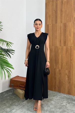 Neşeli butik kadın siyah bel toka detaylı yırtmaçlı tam boy elbise NBMY3865