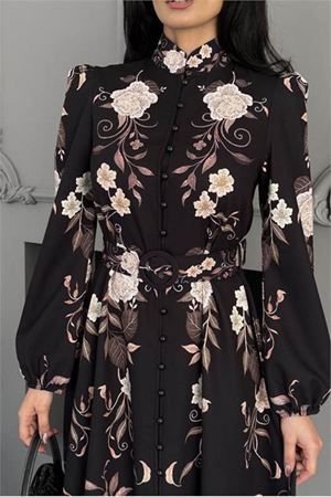 Neşeli butik kadın siyah büyük çiçek desenli tam boy düğmeli ithal kumaş tasarım elbise NBMS25107