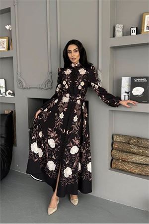 Neşeli butik kadın siyah büyük çiçek desenli tam boy düğmeli ithal kumaş tasarım elbise NBMS25107