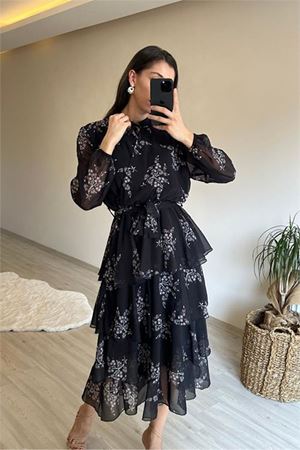Neşeli butik kadın çiçek desenli kat kat volanlı şifon elbise NM014
