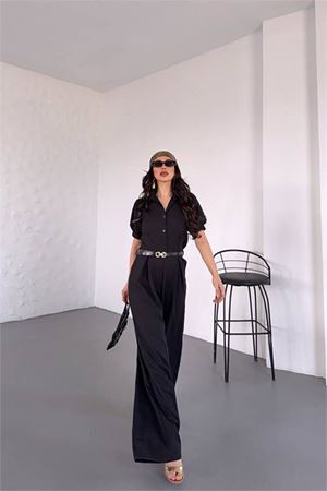 Neşeli butik kadın gömlek yaka kemerli geniş paça tulum NBK4197