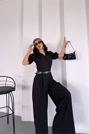 Neşeli butik kadın gömlek yaka kemerli geniş paça tulum NBK4197
