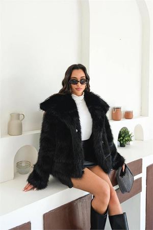 Neşeli butik kadın siyah astarlı kürk kaban NBMYLK32