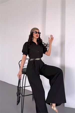 Neşeli butik kadın gömlek yaka kemerli geniş paça tulum NBK4197