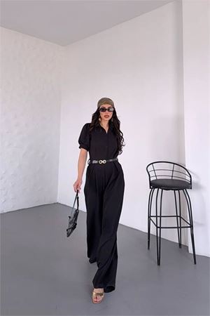 Neşeli butik kadın gömlek yaka kemerli geniş paça tulum NBK4197