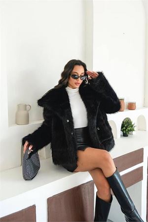 Neşeli butik kadın siyah astarlı kürk kaban NBMYLK32