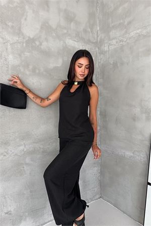 Neşeli butik kadın siyah halter yaka kolsuz ikili yazlık premium takım NBK4647