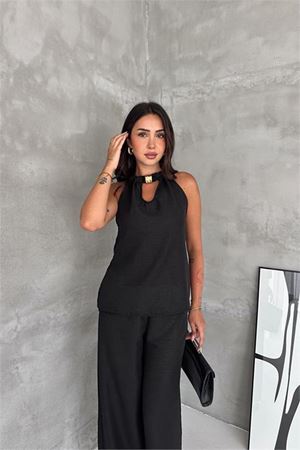 Neşeli butik kadın siyah halter yaka kolsuz ikili yazlık premium takım NBK4647