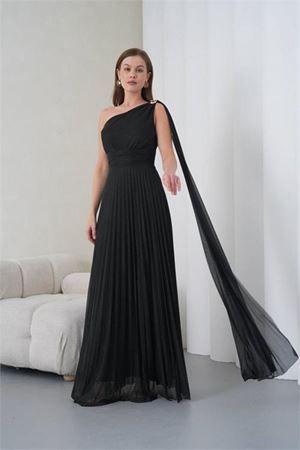 Neşeli butik kadın siyah tek omuz tokalı drape detaylı ışıltılı tül kumaş abiye elbise NBS9388