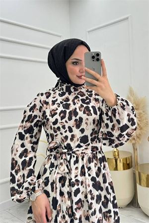 Neşeli butik kadın saten kuşaklı eteği fırfırlı tesettür elbise NMS008