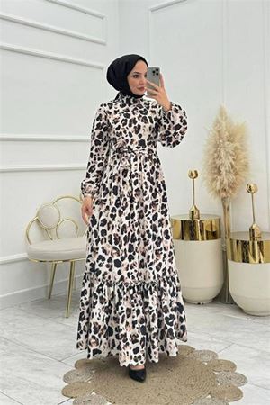Neşeli butik kadın saten kuşaklı eteği fırfırlı tesettür elbise NMS008