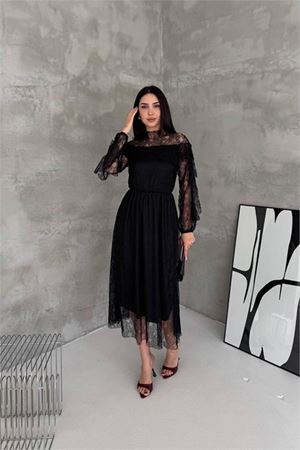 Neşeli butik kadın siyah transparan dantel detaylı tül midi elbise --- NBK4571