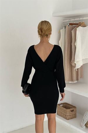 Neşeli butik kadın kruvaze yaka uzun kollu kemer detaylı mini elbise NBK4389