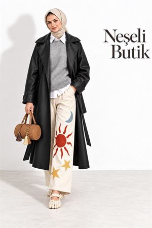 Neşeli butik kadın siyah kol detaylı tam boy suni deri kuşaklı premium trençkot NBELV01