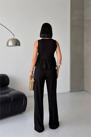 Neşeli butik kadın siyah modal kumaş volanlı atlet geniş paça pantolon yazlık ikili takım NBG132