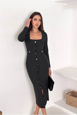 Neşeli butik kadın çizgili desen kare yaka midi boy düğme detaylı elbise NBK069