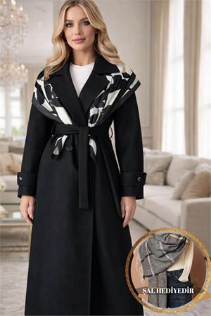 Neşeli butik kadın siyah astarlı kuşaklı kaşe kaban NBG048