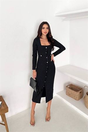Neşeli butik kadın çizgili desen kare yaka midi boy düğme detaylı elbise NBK069