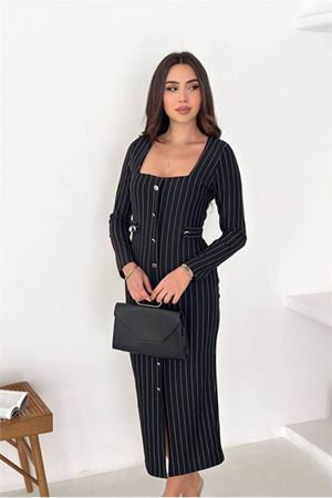 Neşeli butik kadın çizgili desen kare yaka midi boy düğme detaylı elbise NBK069