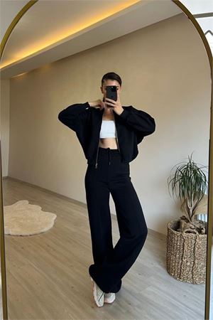 Neşeli butik kadın fermuarlı oversize sweat ve yüksek bel eşofman takımı NM018