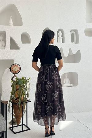 Neşeli butik kadın siyah kemer detaylı tül etekli midi boy elbise NBMY3931