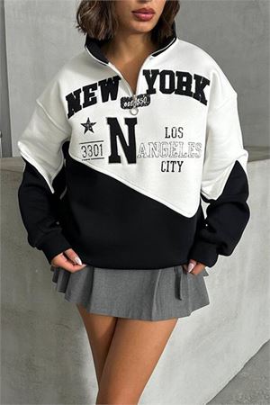 Neşeli butik kadın siyah fermuarlı New york sweat NBG050