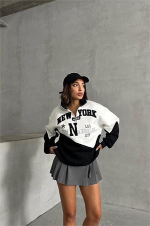 Neşeli butik kadın siyah fermuarlı New york sweat NBG050