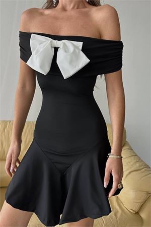 Neşeli butik kadın mini boy likralı fiyonk elbise NBDF038