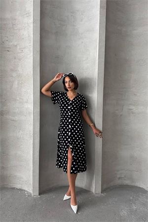 Neşeli butik kadın viskon puantiye desenli gömlek elbise NBG083