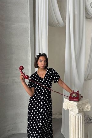 Neşeli butik kadın viskon puantiye desenli gömlek elbise NBG083