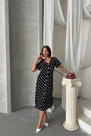 Neşeli butik kadın viskon puantiye desenli gömlek elbise NBG083
