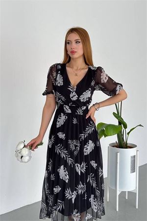 Neşeli butik kadın siyah yeni sezon piliseli yazlık şifon elbise NBQ005