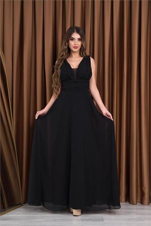 Neşeli butik kadın siyah V-yaka şifon abiye elbise NB2027