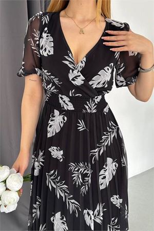 Neşeli butik kadın siyah yeni sezon piliseli yazlık şifon elbise NBQ005