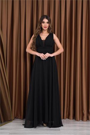Neşeli butik kadın siyah V-yaka şifon abiye elbise NB2027