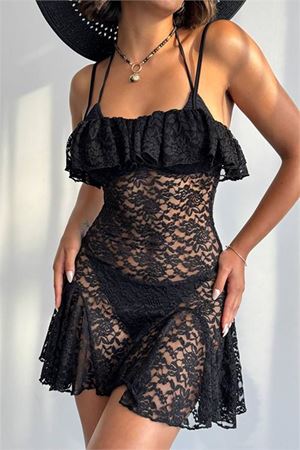 Neşeli butik kadın siyah askılı dantel pareo NBDF074