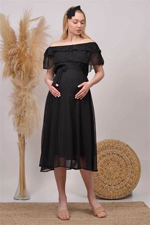 Neşeli butik kadın siyah midi boy madonna yaka şifon hamile elbisesi HML8060