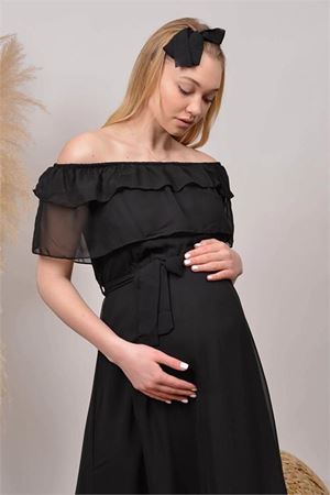 Neşeli butik kadın siyah midi boy madonna yaka şifon hamile elbisesi HML8060