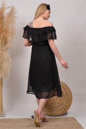 Neşeli butik kadın siyah midi boy madonna yaka şifon hamile elbisesi HML8060