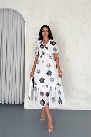 Neşeli butik kadın kuşaklı çiçek desenli şifon elbise NBK41181