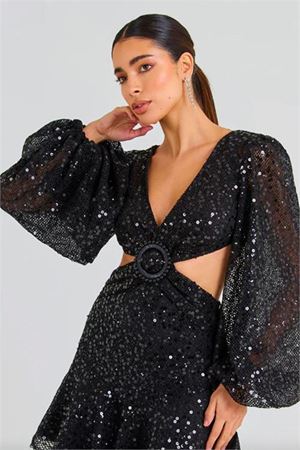 Neşeli butik kadın ithal payet kumaş toka detaylı abiye elbise NBEMP2584