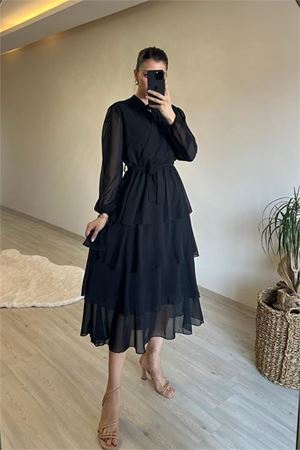 Neşeli butik kadın kat kat volanlı kuşaklı midi şifon elbise NM004