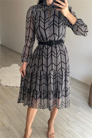 Neşeli butik kadın yaka lastikli küçük puantiyeli midi şifon elbise NM022