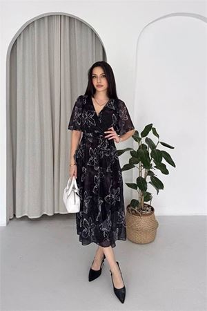 Neşeli butik kadın siyah kruvaze yaka desenli midi boy şifon elbise NBK4587